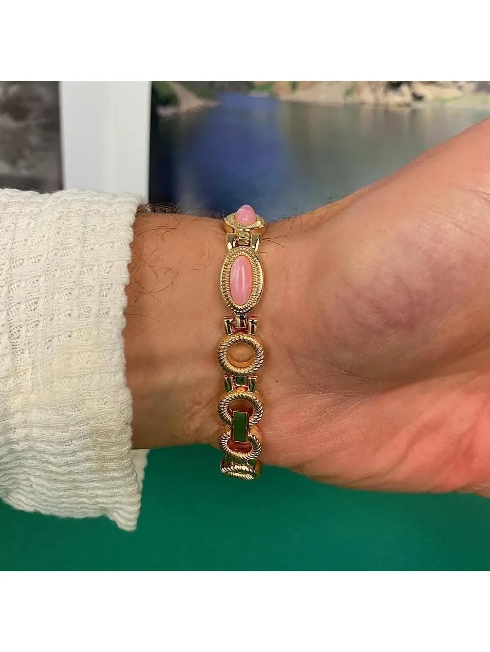 Y2k style Dainty cute Gold style tone quartz watch with pink jade stone opal acc